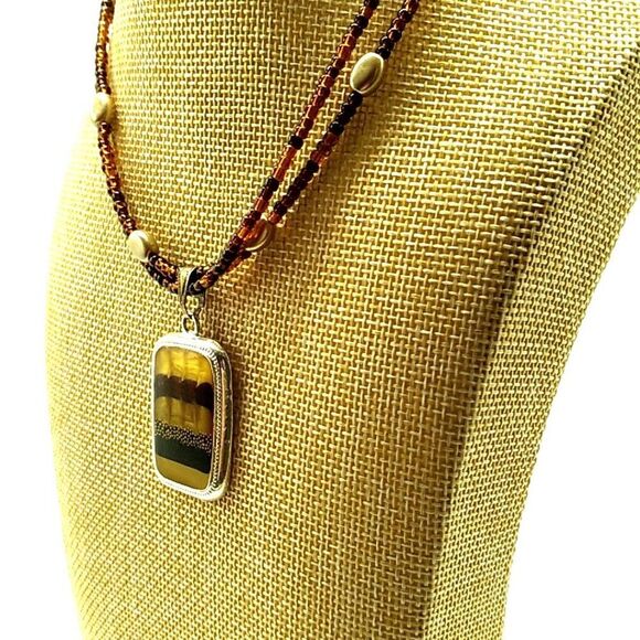 VTG Kenneth Cole 2-Strand Necklace Beaded Earth Tone Enamel Pendant Faux Pearls - Picture 6 of 15